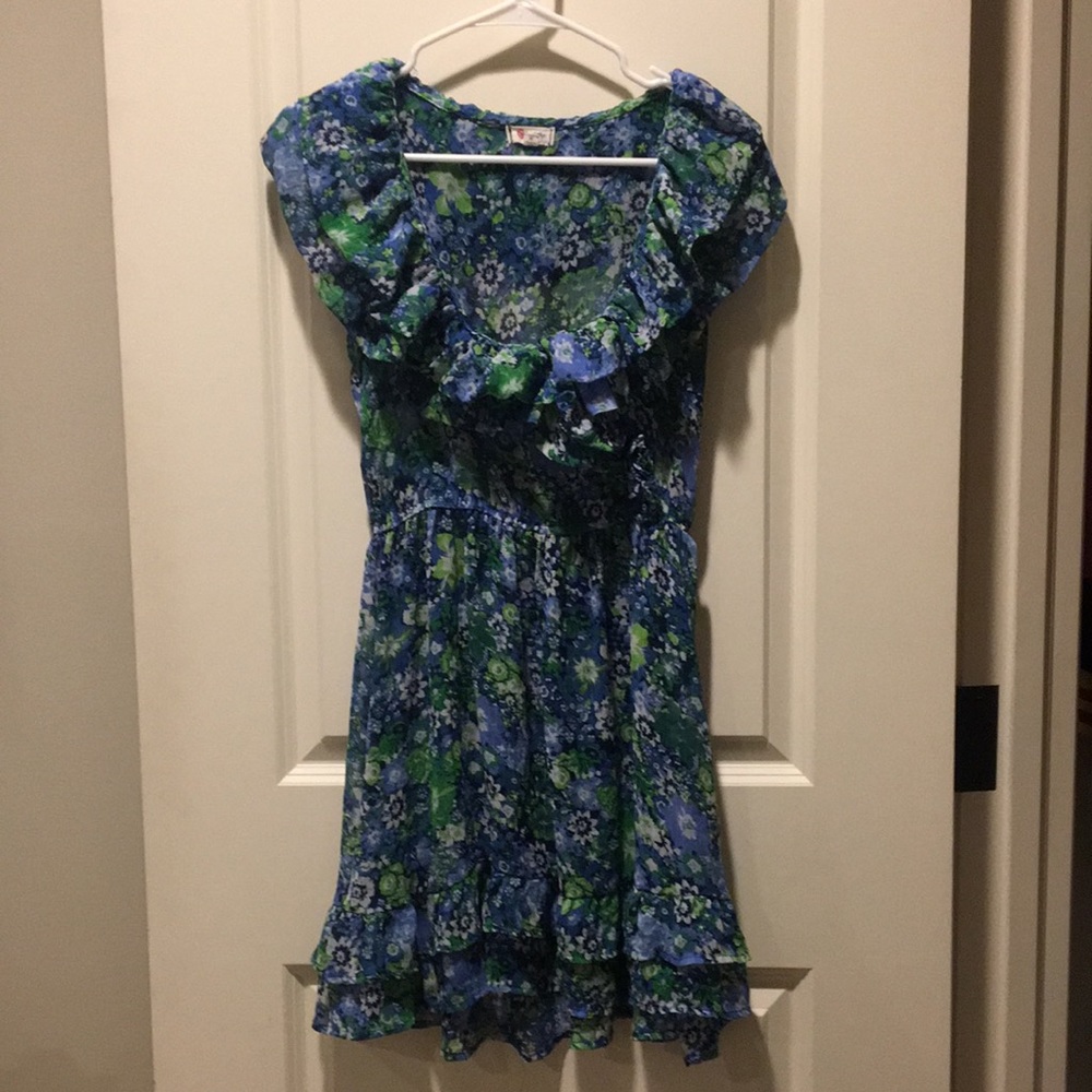 OLSENBOYE womens sheer ruffle FLORAL flowy sleeveless DRESS size M blue green